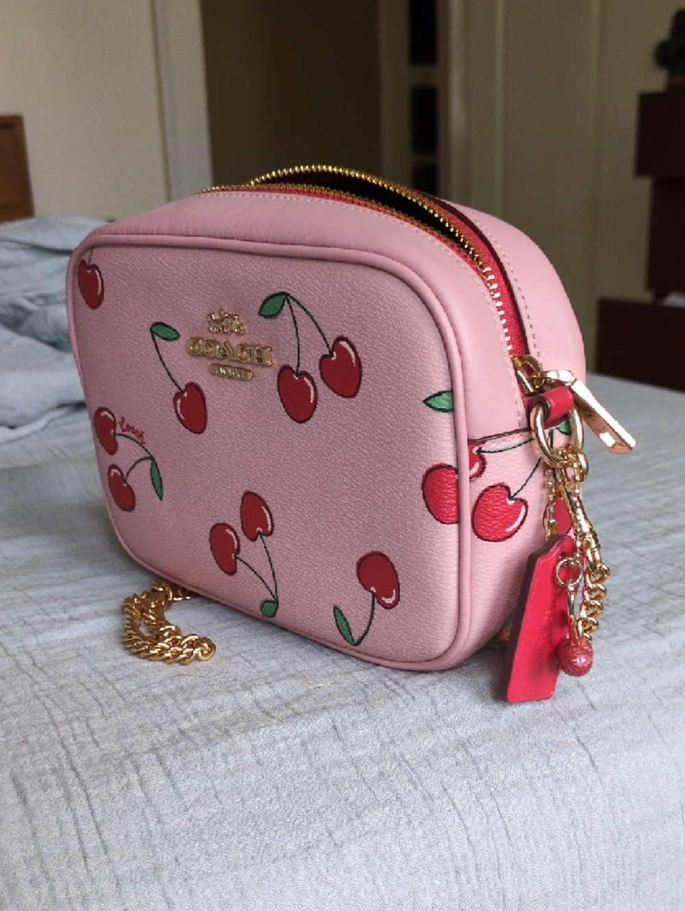 Coach Pink Cherry Print Crossbody with Gold Chain - Picture 2 of 4
